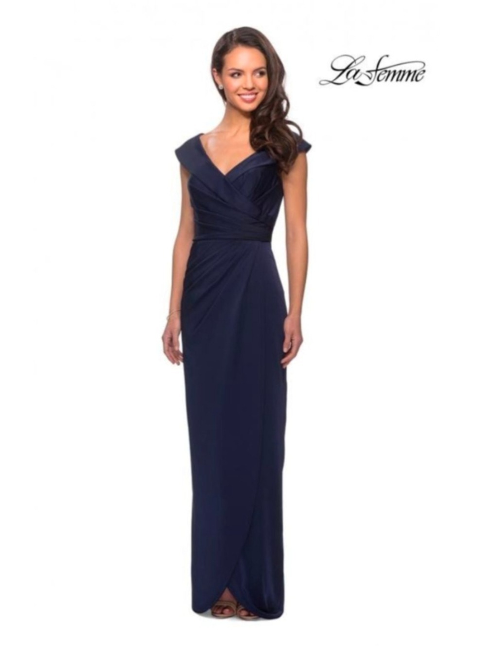 La Femme Navy Blue Evening Gown Size 8 Off Shoulder Formal Dress Long Satin Wrap